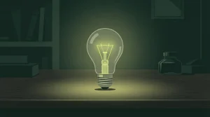 Einzelne leuchtende Glühbirne auf einem dunklen Schreibtisch