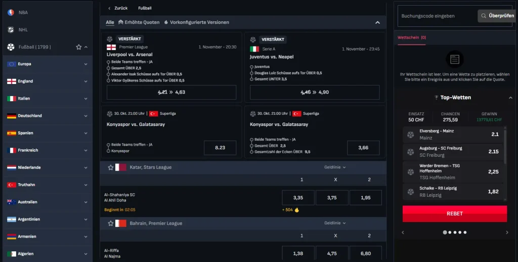 Fußballbereich der MafiaCasino Sportnavigation mit Auswahl und angezeigten Wettquoten