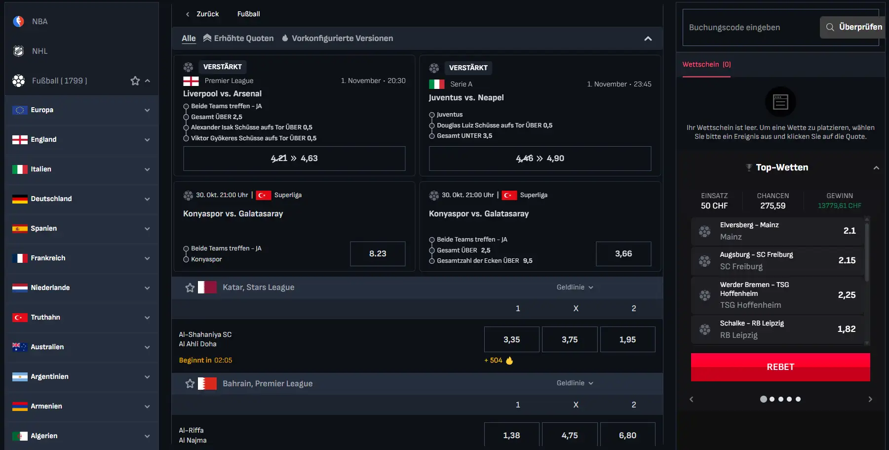 Fußballbereich der MafiaCasino Sportnavigation mit Auswahl und angezeigten Wettquoten