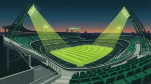 Fußballstadion am Abend mit erleuchteten Tribünen und hohen Flutlichtmasten