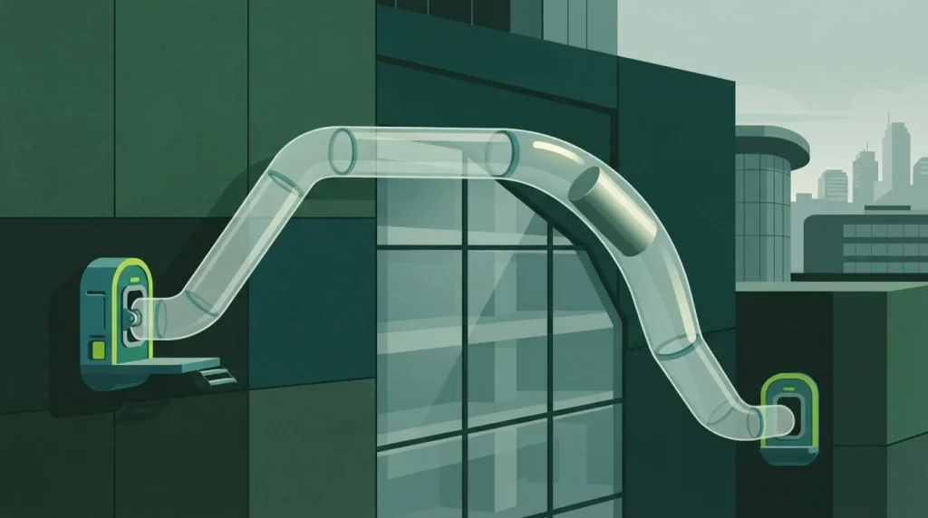 Transparente Rohrleitung mit einer Transportkapsel zwischen zwei Zahlungsstationen